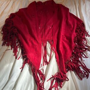 Red Fringe Shawl with Cutout Design NEW